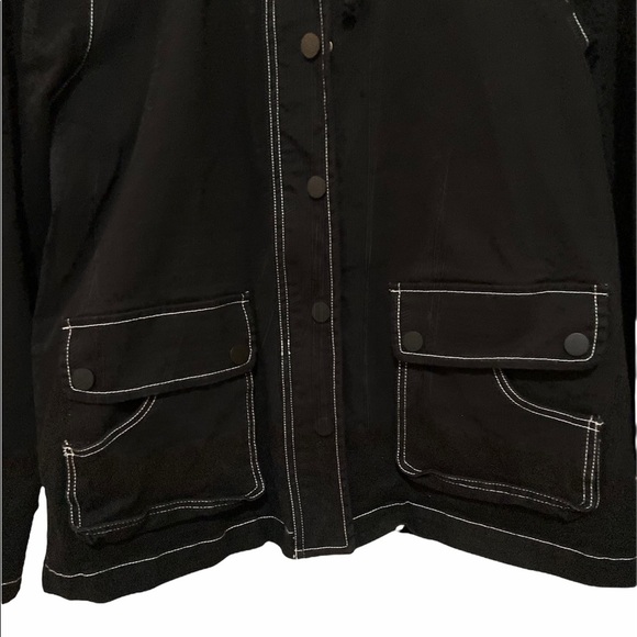 ModCloth Uncharted Territory Hooded Anorak Jacket in black with white stitching. - Picture 7 of 11